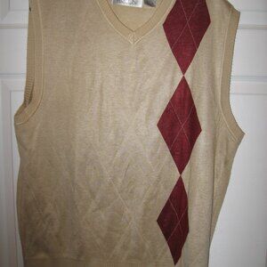 Gianfranco Ruffini Sleeveless V-Neck Sweater Men's Large Beige w/ Red Argyle